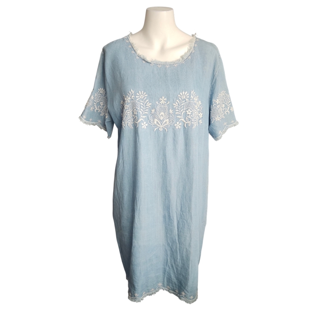 Forever 21 Blue Chambray Embroidered Fringe Summer Dress Sz Large Resort Beach